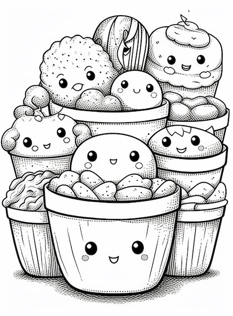 Photo a black and white drawing of a bunch of cupcakes with faces generativ ai