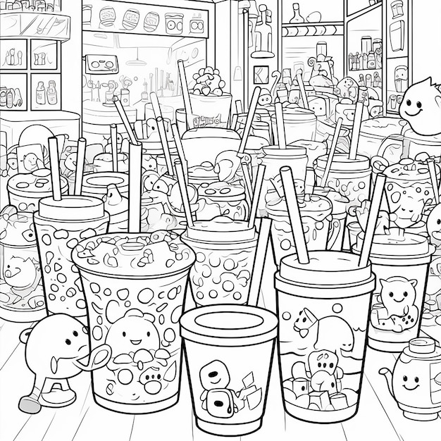 A black and white drawing of a bunch of cups with the words hello kitty on it