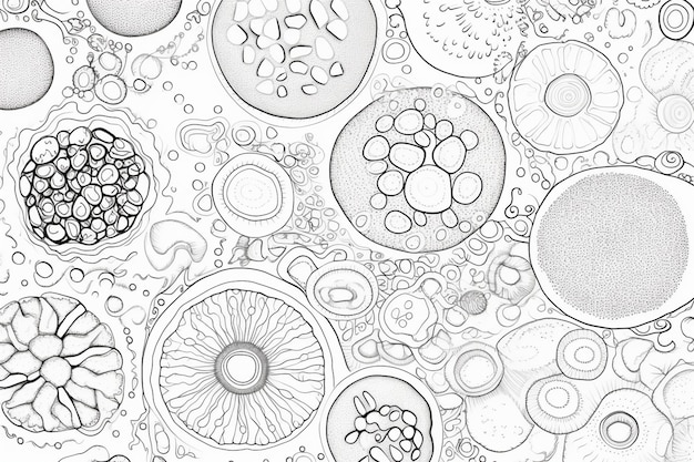 a black and white drawing of a bunch of different types of cells generative ai