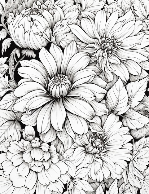 a black and white drawing of a bunch of flowers generativ ai