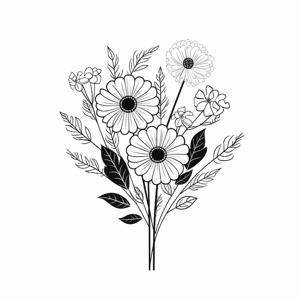 a black and white drawing of a bunch of flowers generative ai