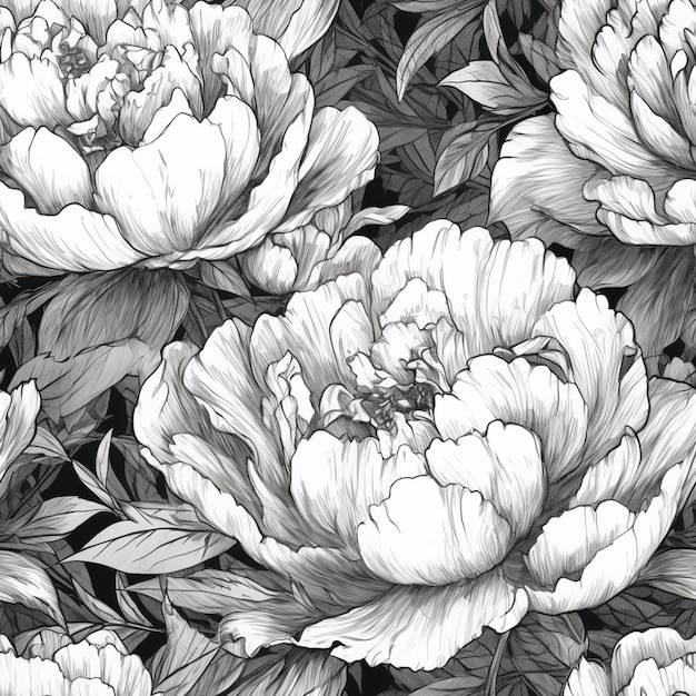 a black and white drawing of a bunch of flowers generative ai