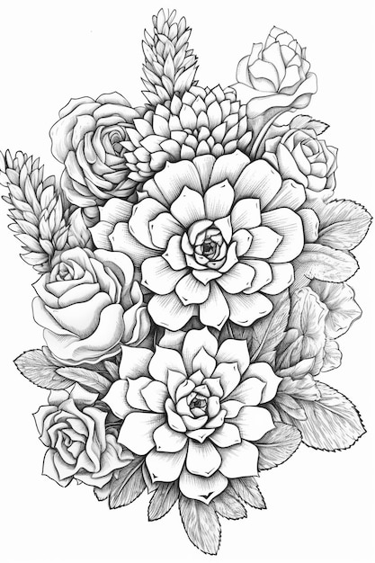 A black and white drawing of a bunch of flowers.