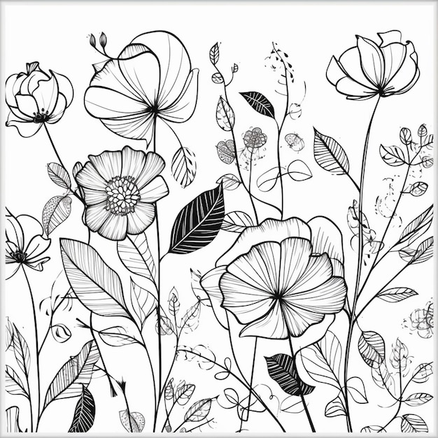 A black and white drawing of a bunch of flowers.