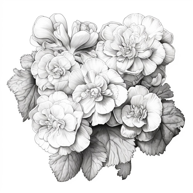 A black and white drawing of a bunch of flowers.