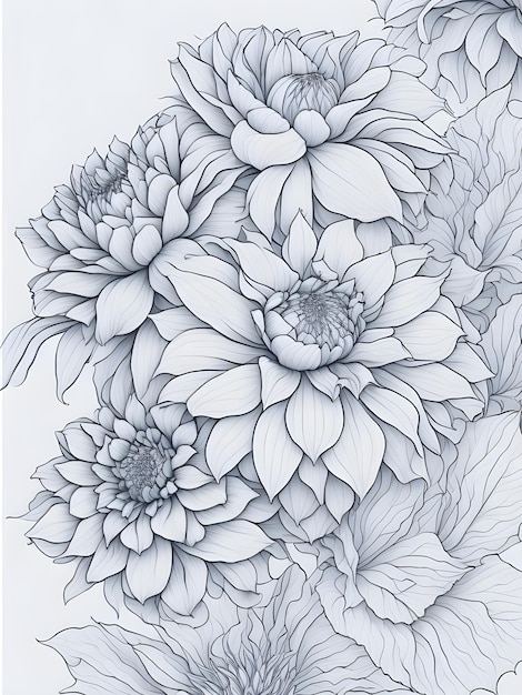 A black and white drawing of a bunch of flowers.