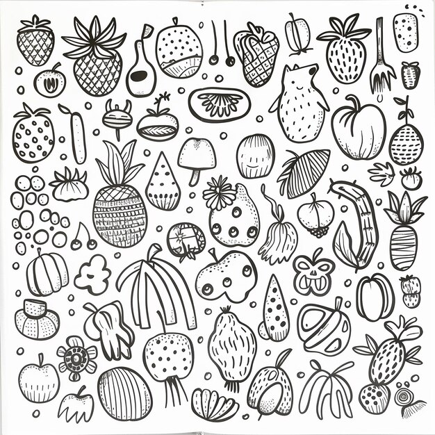 a black and white drawing of a bunch of fruits and vegetables generative ai