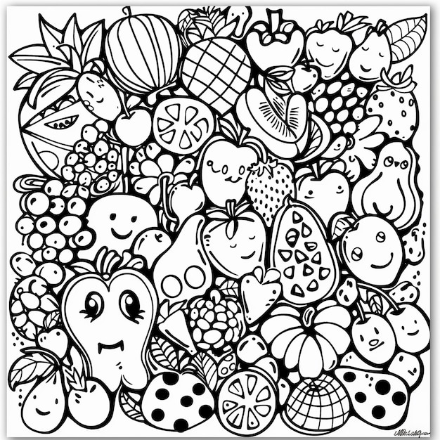 フルーツと野菜の束の黒と白の絵