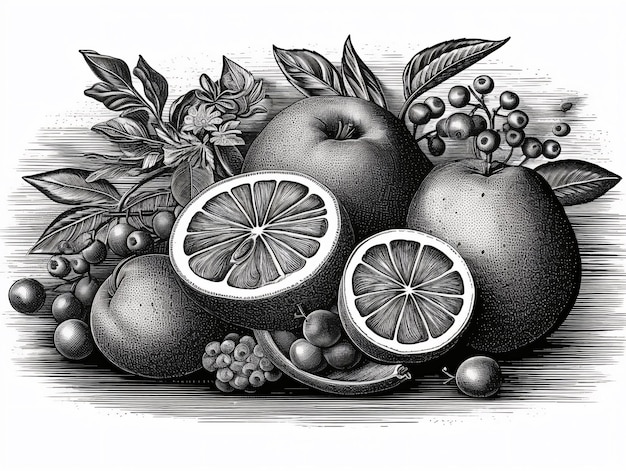 Photo black and white drawing of a bunch of fruits in woodcut style ai generated ai generative ai generativ