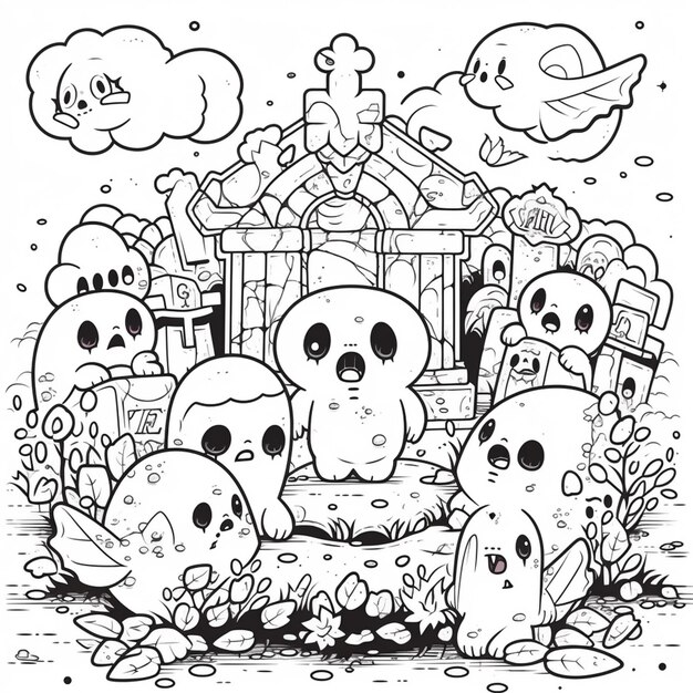 a black and white drawing of a bunch of ghosty characters generative ai