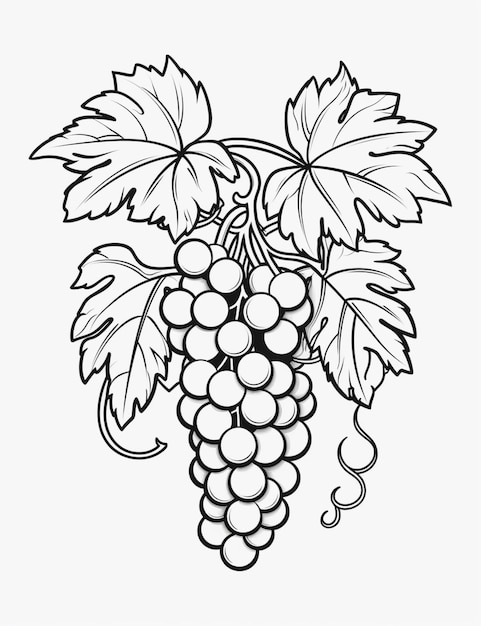 Черно-белый рисунок грозди винограда с листьями, генеративный ай