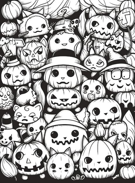 a black and white drawing of a bunch of pumpkins generativ ai