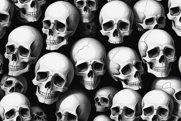 Photo a black and white drawing of a bunch of skulls generative ai