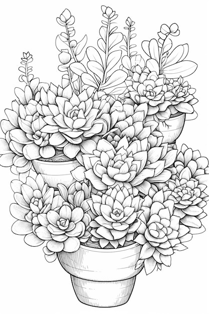 A black and white drawing of a bunch of succulents.