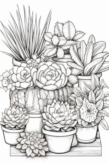 A black and white drawing of a bunch of succulents.