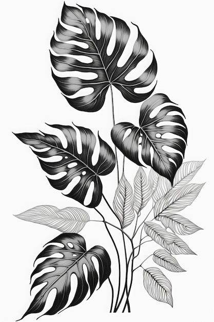 A black and white drawing of a bunch of tropical leaves.