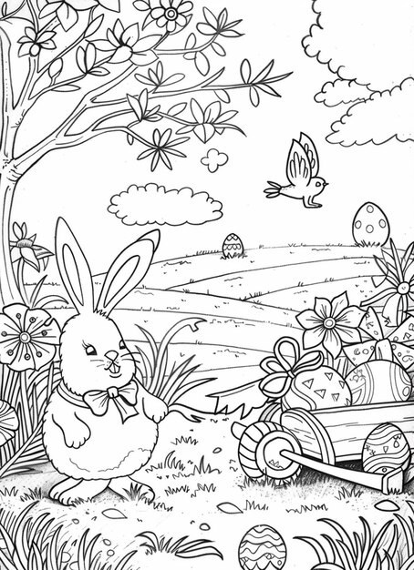 a black and white drawing of a bunny pulling a wagon with easter eggs generative ai