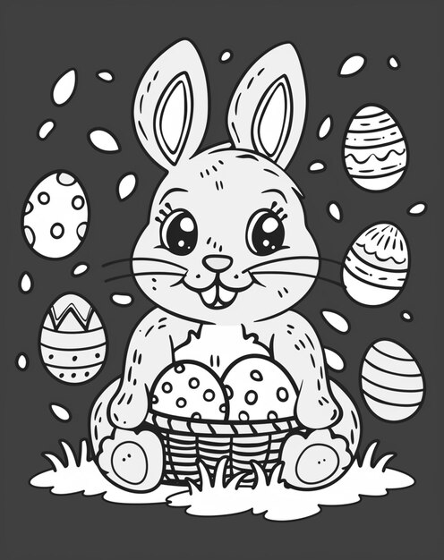 Photo a black and white drawing of a bunny with eggs generative ai