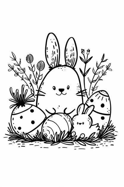 Photo a black and white drawing of a bunny with three eggs generative ai