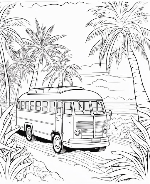 Foto un disegno in bianco e nero di un autobus su una spiaggia ai generative