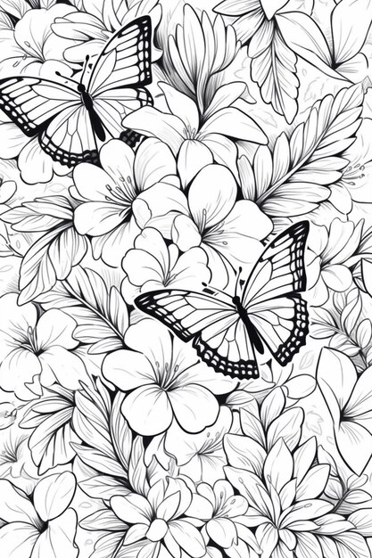 a black and white drawing of a butterfly on a flower generative ai