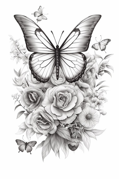 A black and white drawing of a butterfly and flowers generative ai