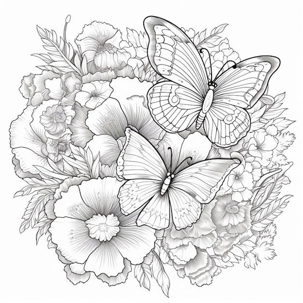 Photo a black and white drawing of a butterfly and flowers generative ai