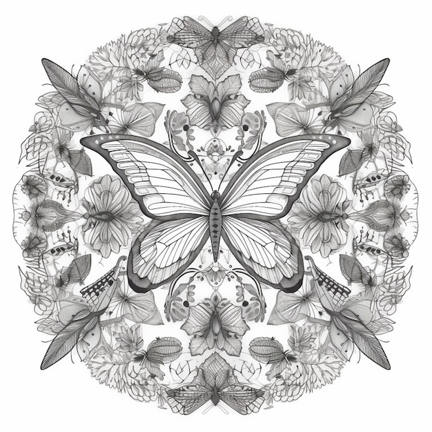 Photo a black and white drawing of a butterfly surrounded by flowers generative ai