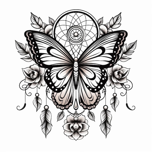 a black and white drawing of a butterfly with a dream catcher generative ai