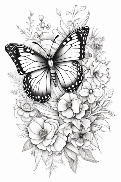 A black and white drawing of a butterfly with flowers generative ai