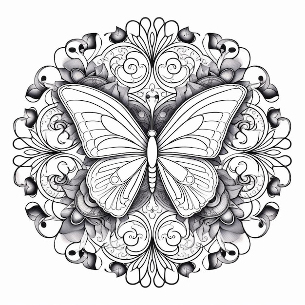 Черно-белый рисунок бабочки с завитками и цветами, генеративный AI