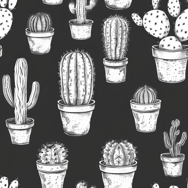 Foto un disegno in bianco e nero di cactus e cactus