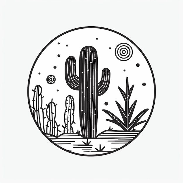 Photo a black and white drawing of a cactus plant in a circle generative ai