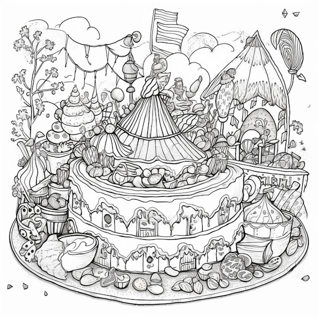 A black and white drawing of a cake with a carousel and a carousel generative ai