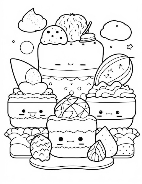 Photo a black and white drawing of a cake with different toppings generative ai