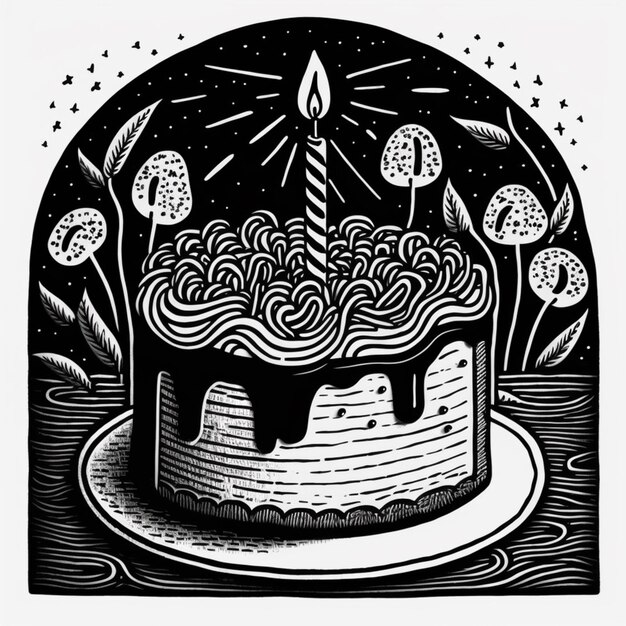 Photo a black and white drawing of a cake with a lit candle generative ai