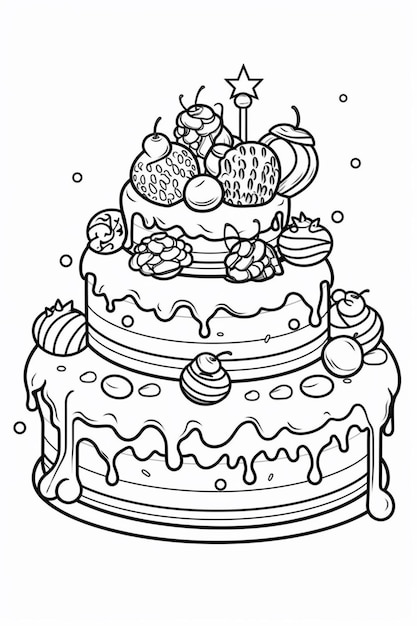 a black and white drawing of a cake with strawberries and candles generative ai