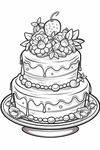 a black and white drawing of a cake with strawberries on top generative ai