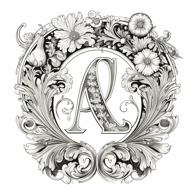 A black and white drawing of a capital letter a surrounded by flowers generative ai