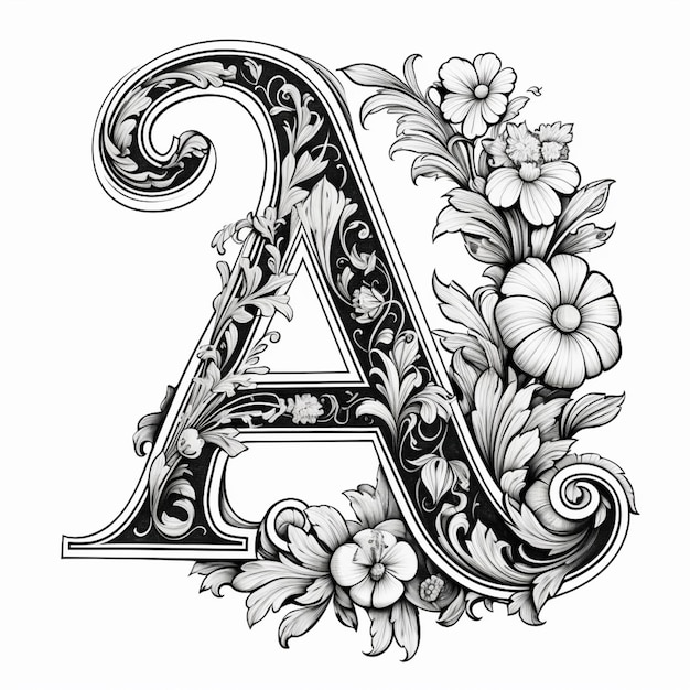 Photo a black and white drawing of a capital letter with flowers generative ai
