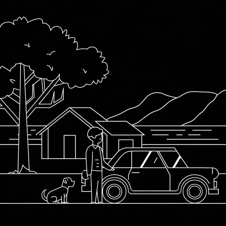 फोटो a black and white drawing of a car and a man standing next to a tree