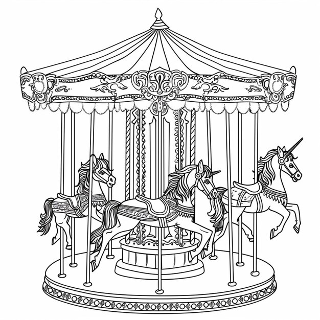 Photo a black and white drawing of a carousel with horses generative ai