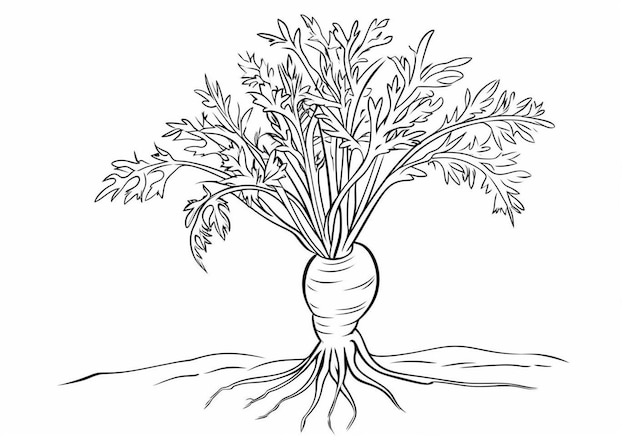 A black and white drawing of a carrot with roots.