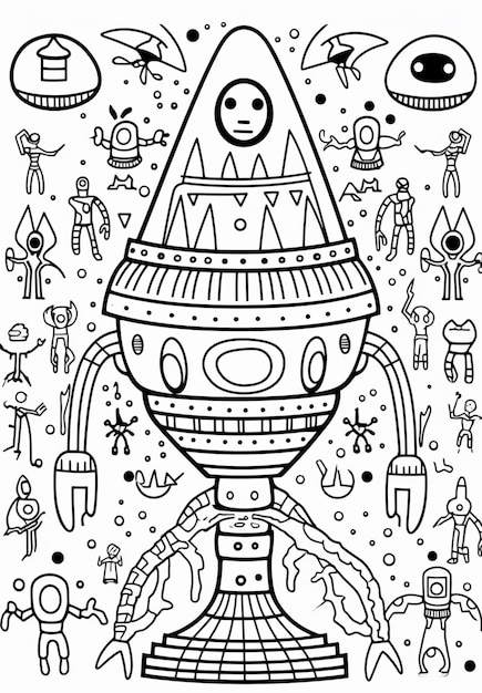 背景に宇宙船を持つ漫画エイリアンの白黒描画生成 AI