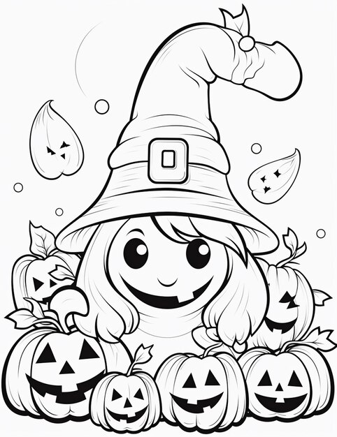 Photo a black and white drawing of a cartoon pumpkin with a witch hat generative ai