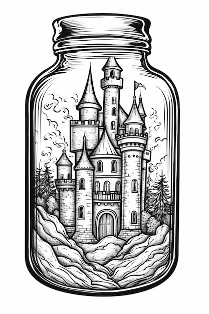 a black and white drawing of a castle in a jar generative ai