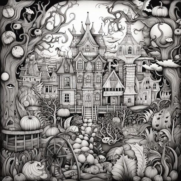 A black and white drawing of a castle surrounded by pumpkins generative ai