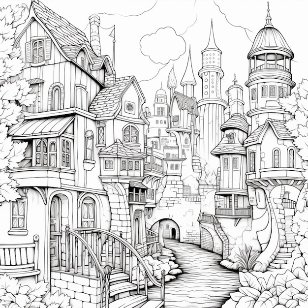 A black and white drawing of a castle with a bridge generative ai