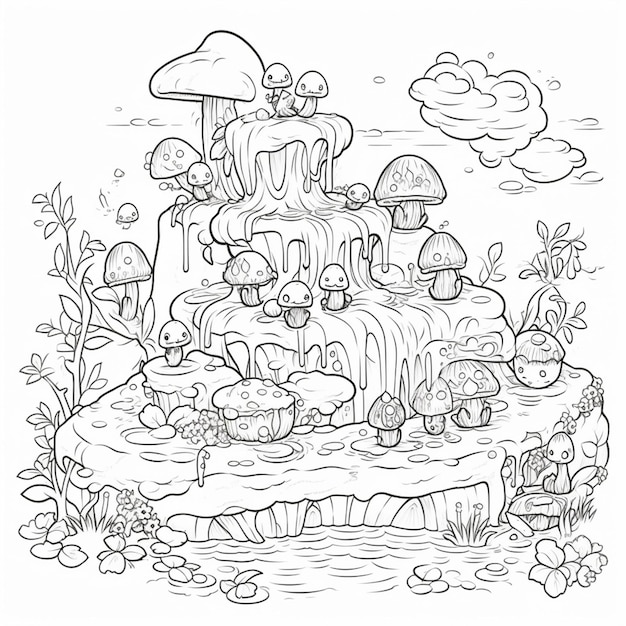 A black and white drawing of a castle with mushrooms and mushrooms generative ai