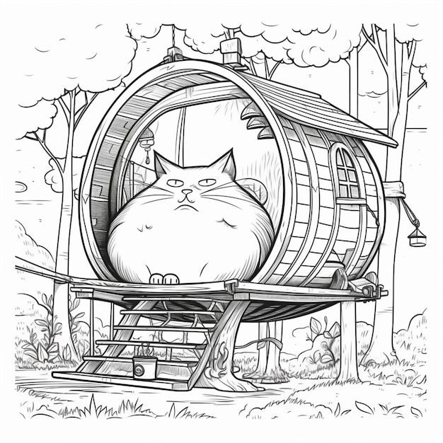 A black and white drawing of a cat in a barrel generative ai